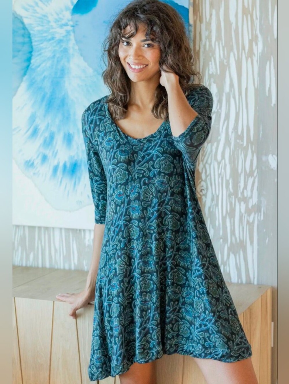 NATURAL LIFE Teal Floral A‑Line Mini Dress